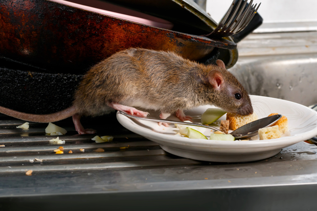 Brown Rat, Norway Rat or Water Rat (Rattus norvegicus) eating food off a plate sitting on a sink