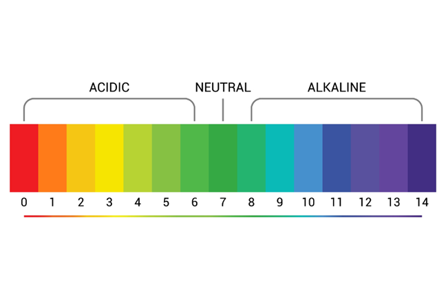 pH scale ranging from 0 to 14 with each number as a colour on the spectrum ROYGBIV